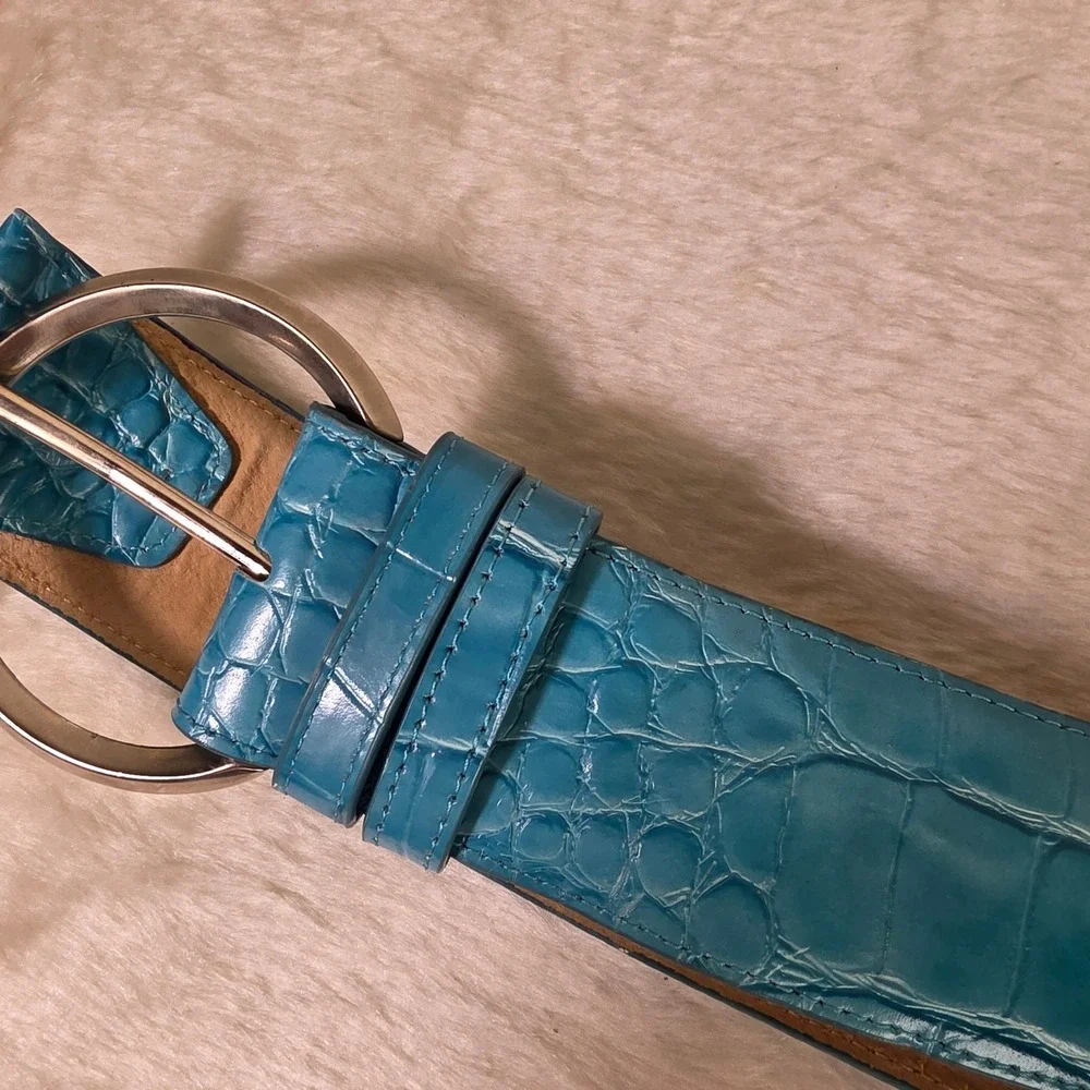 VTG 80s Suzanne Somers Waist Belt Blue Croco Embossed Leather Womens XL